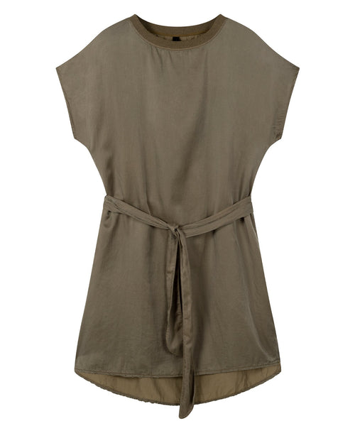 Front women A-line mini dress with belt made of silk in the color dark safari green