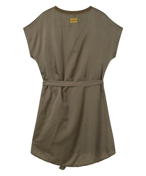 Back of women A-line mini dress with belt made of silk in the color dark safari green