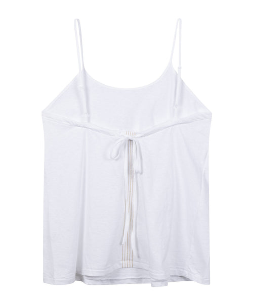 Back of the women adjustable strappy top in jersey with a tie at the back in the color white