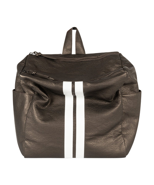 Front women backpack with zipper in leather look with white two stripe in the color bronze